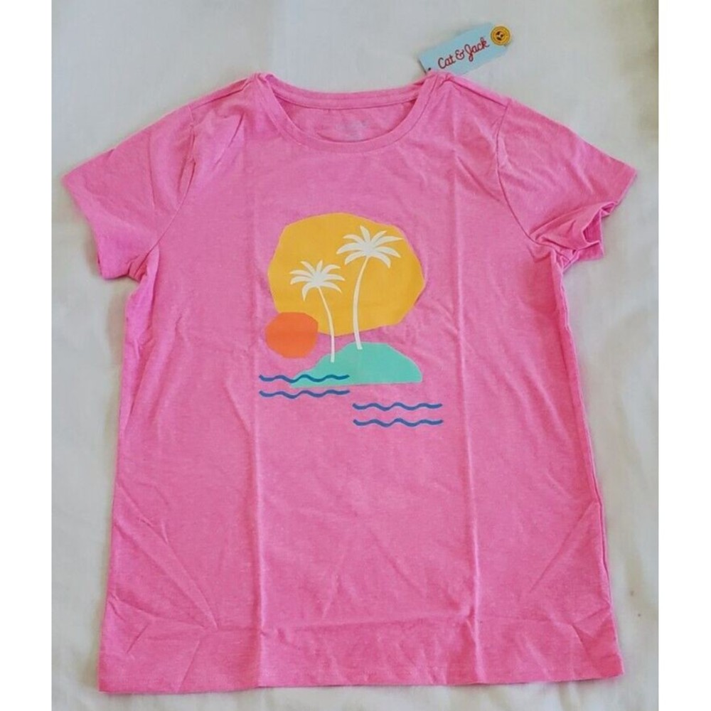 Cat & Jack Neon Pink T Shirt Size XXL 18 Summer Beach Short Sleeve Palm Trees